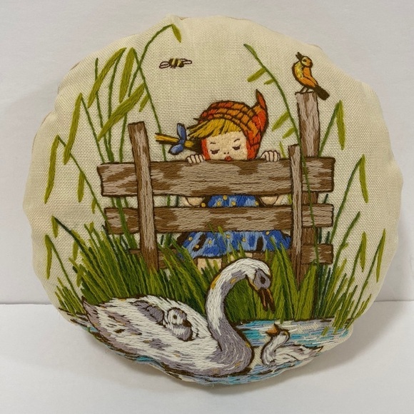 Vintage Other - Vintage 60's/70's Fully Embroidered Mini Accent Pillow "Girl by the Duck Pond"